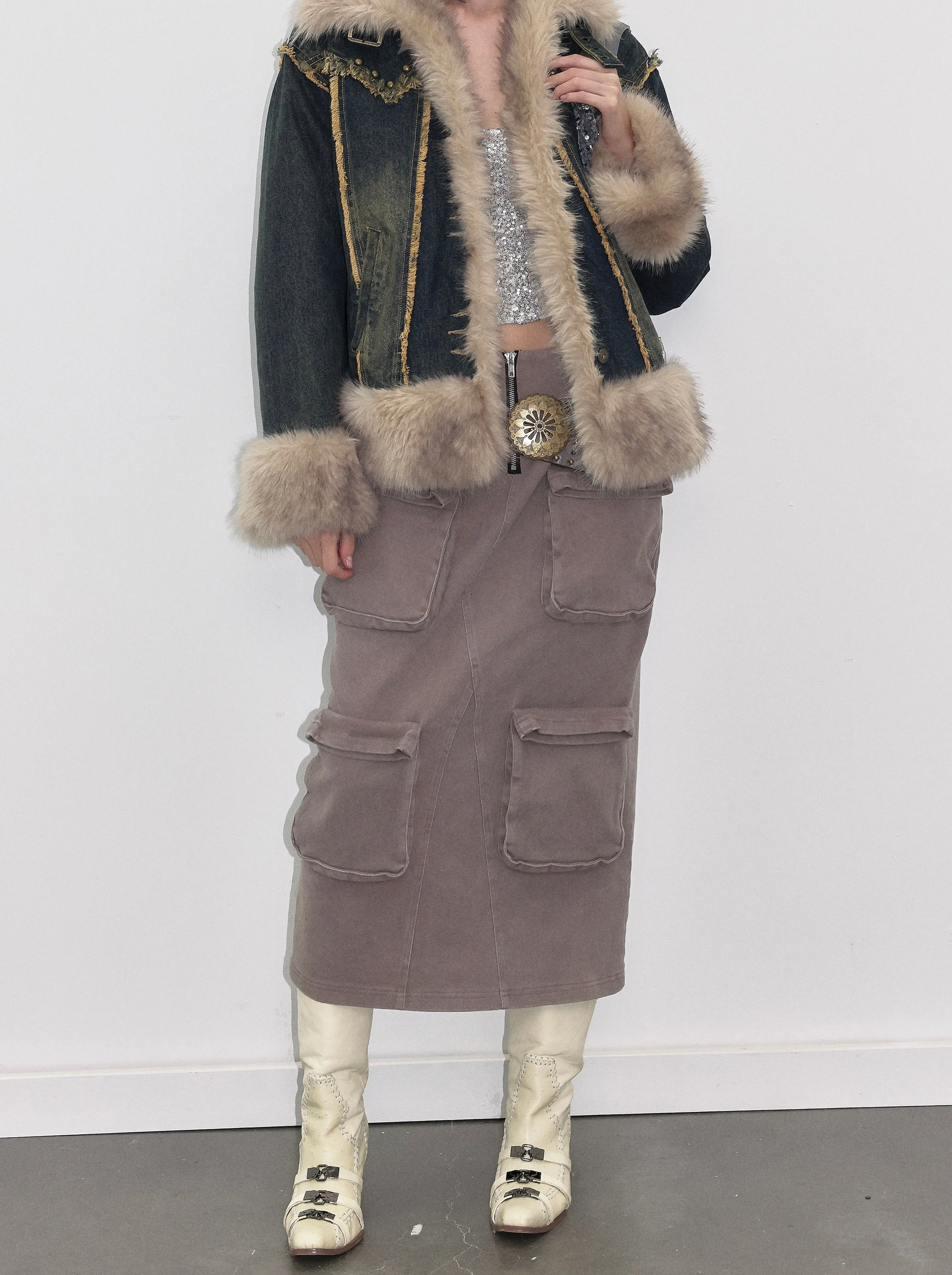 Smoke Grey Cargo Denim Maxi Skirt - Image 6