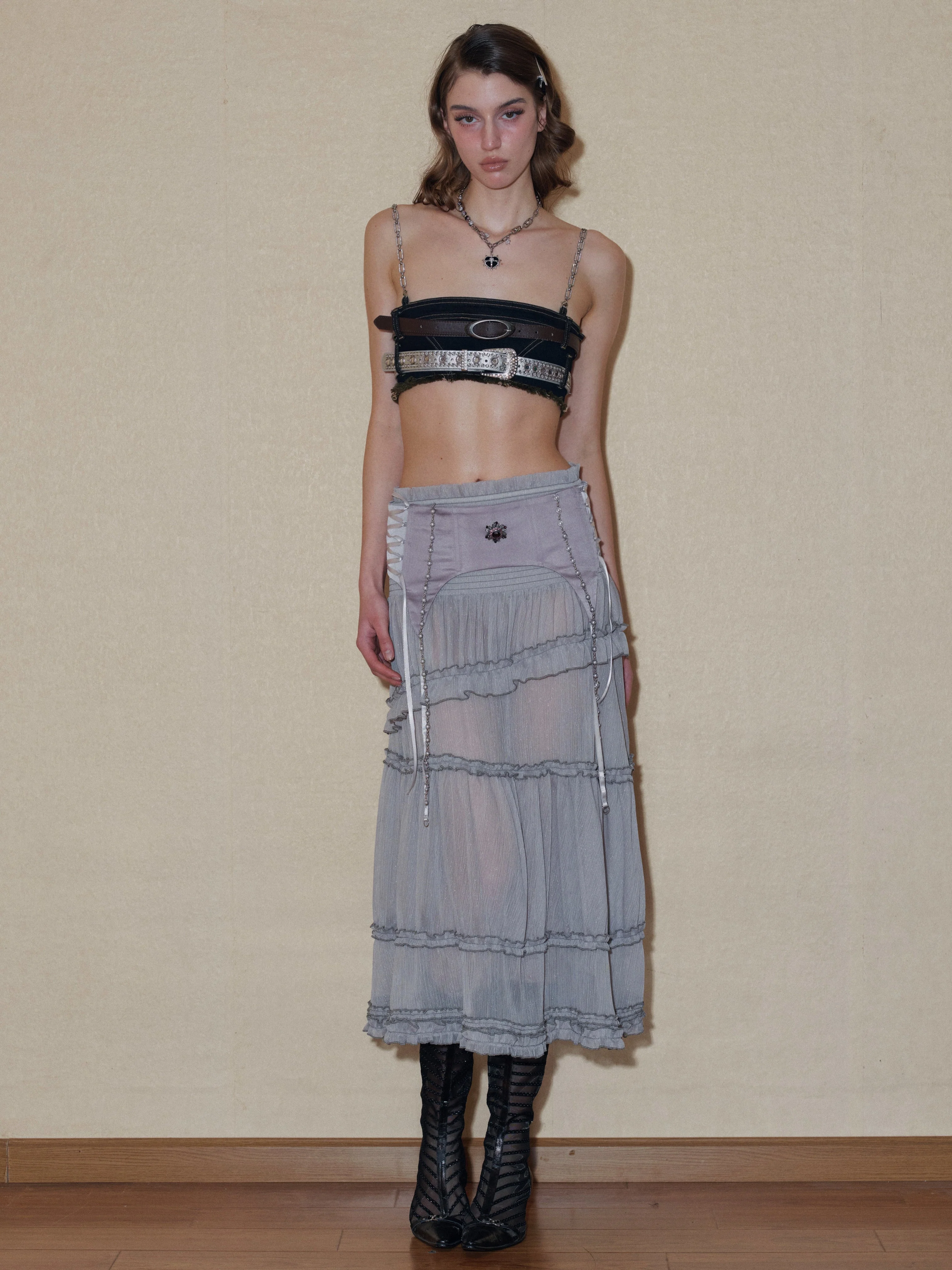 Chained Embellished Denim Bra Top With Belts - Image 3