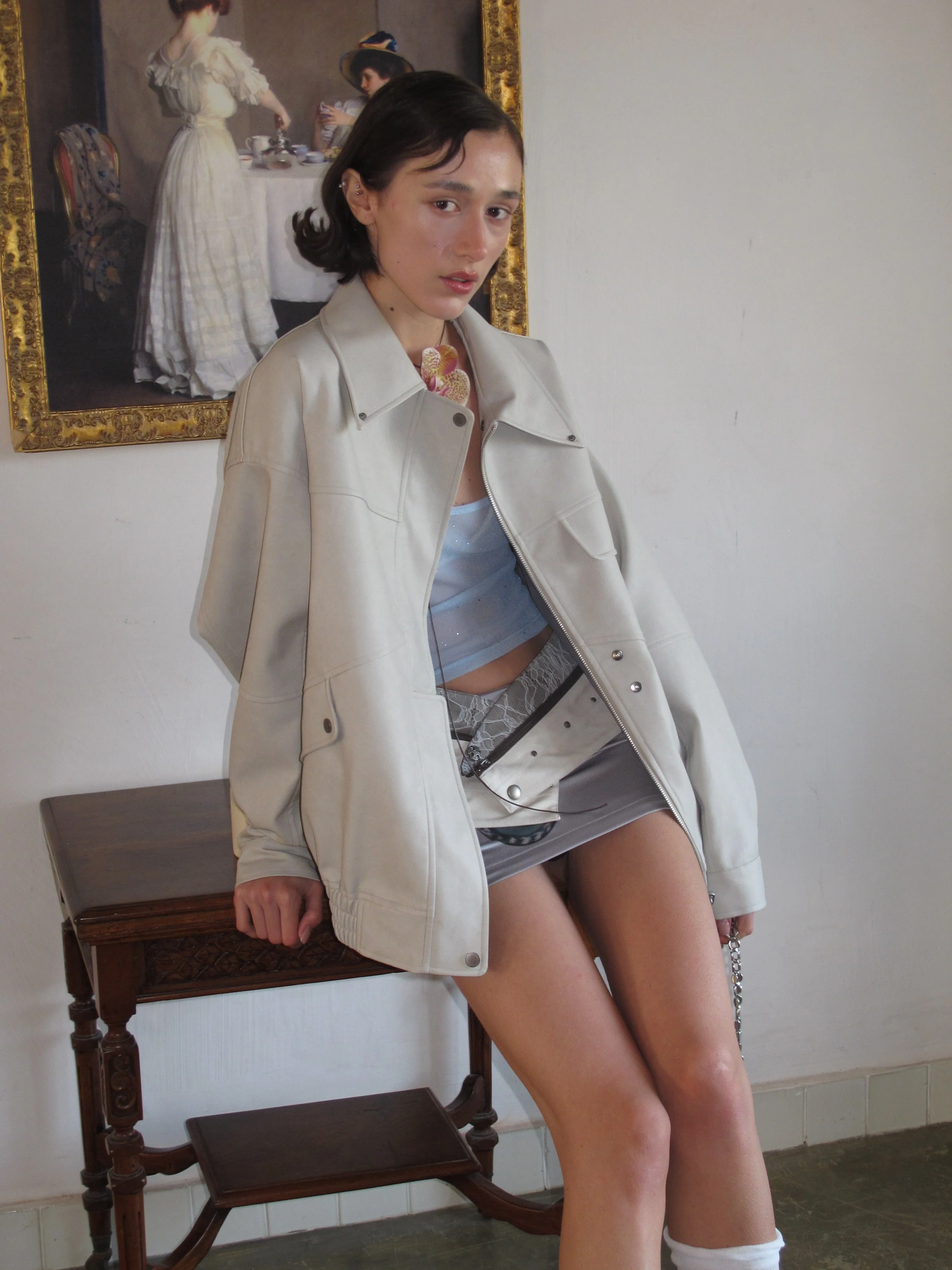 Griege Lapel Pattern Faux Leather Jacket - Image 12