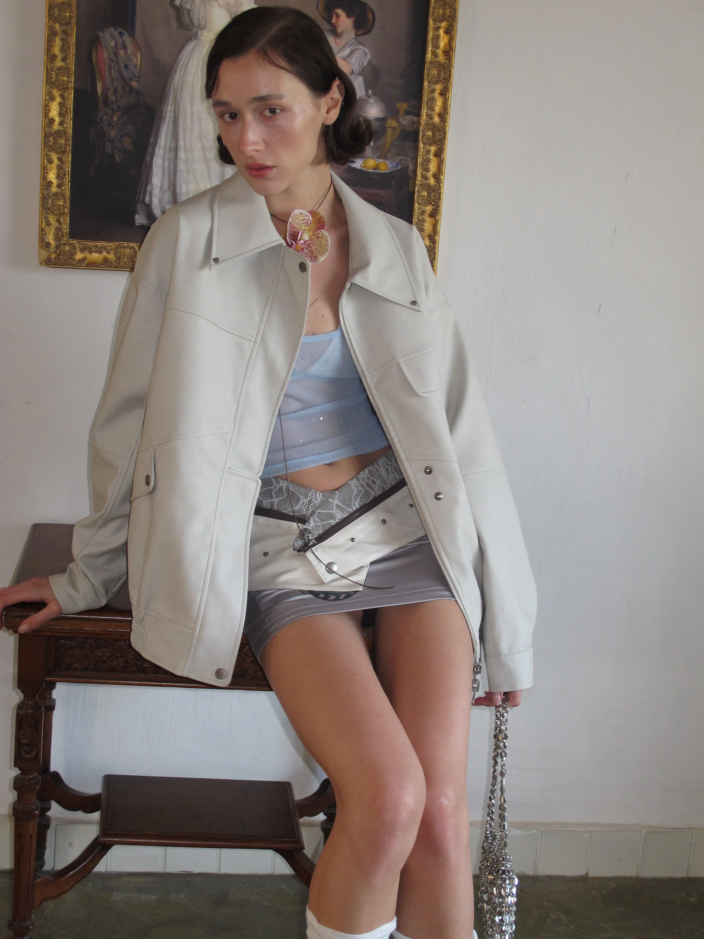 Griege Lapel Pattern Faux Leather Jacket - Image 7