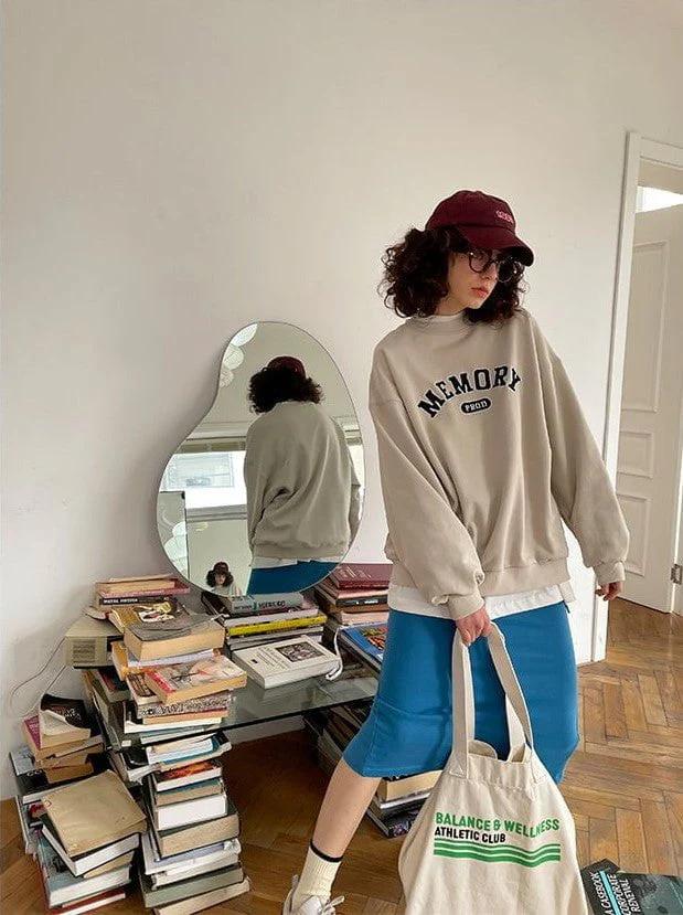 Loose Fit Memory Letters Embroidered Crewneck Sweatshirt / Beige - Image 3