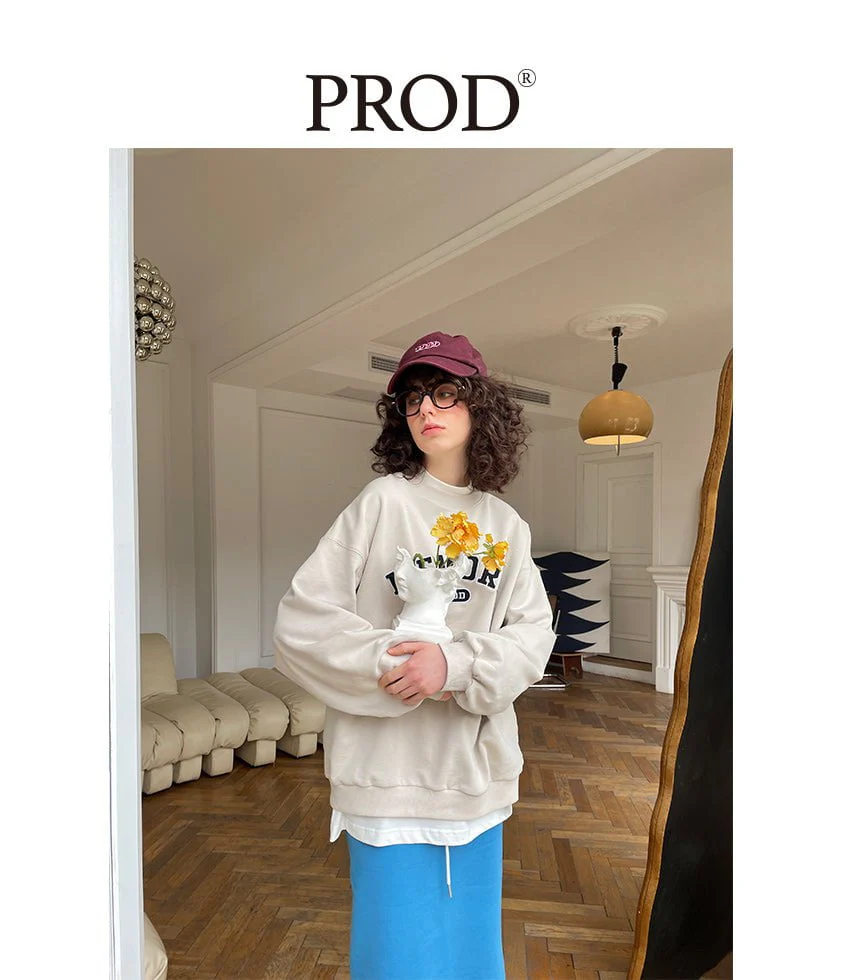 Loose Fit Memory Letters Embroidered Crewneck Sweatshirt / Beige - Image 5