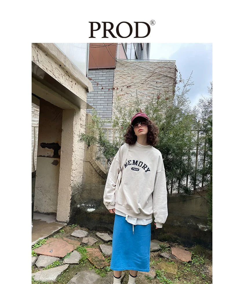 Loose Fit Memory Letters Embroidered Crewneck Sweatshirt / Beige - Image 6