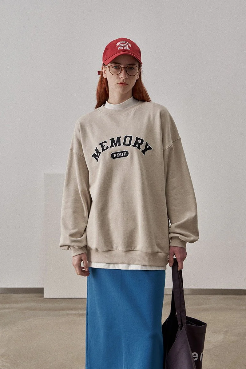 Loose Fit Memory Letters Embroidered Crewneck Sweatshirt / Beige - Image 9
