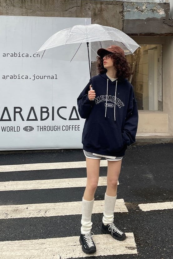 Loose Fit Memory Letters Embroidered Hoodie / Navy Blue - Image 3