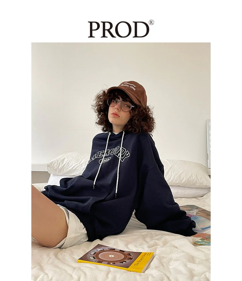 Loose Fit Memory Letters Embroidered Hoodie / Navy Blue - Image 5