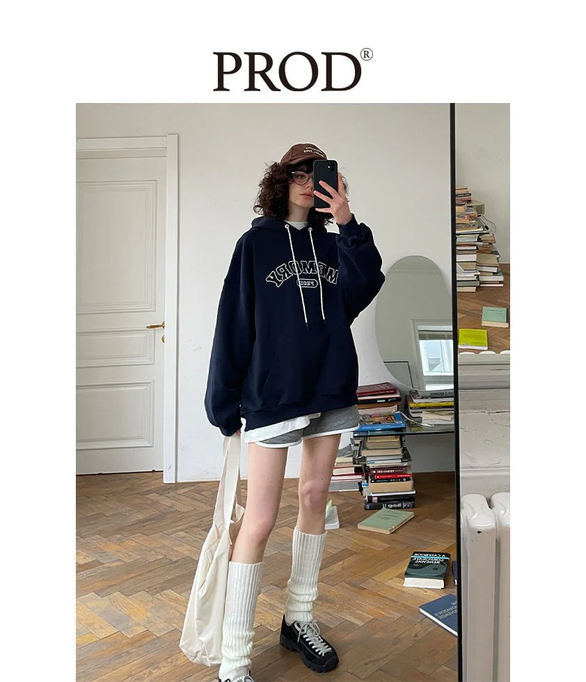 Loose Fit Memory Letters Embroidered Hoodie / Navy Blue - Image 6