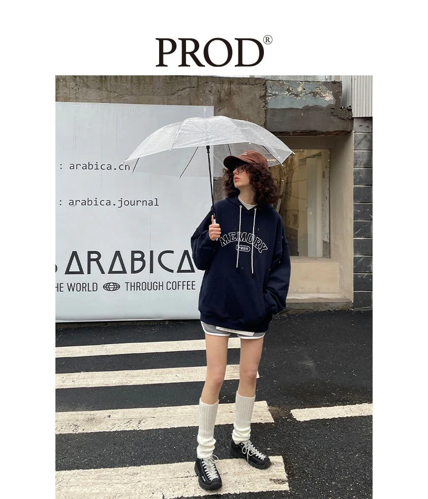 Loose Fit Memory Letters Embroidered Hoodie / Navy Blue - Image 7