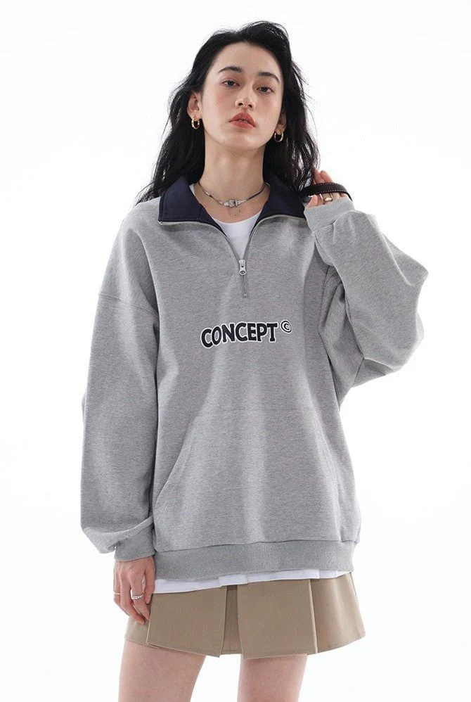 Loose Fit  Concept Quarter Zip Sweatshirt / Melange Grey - Image 9