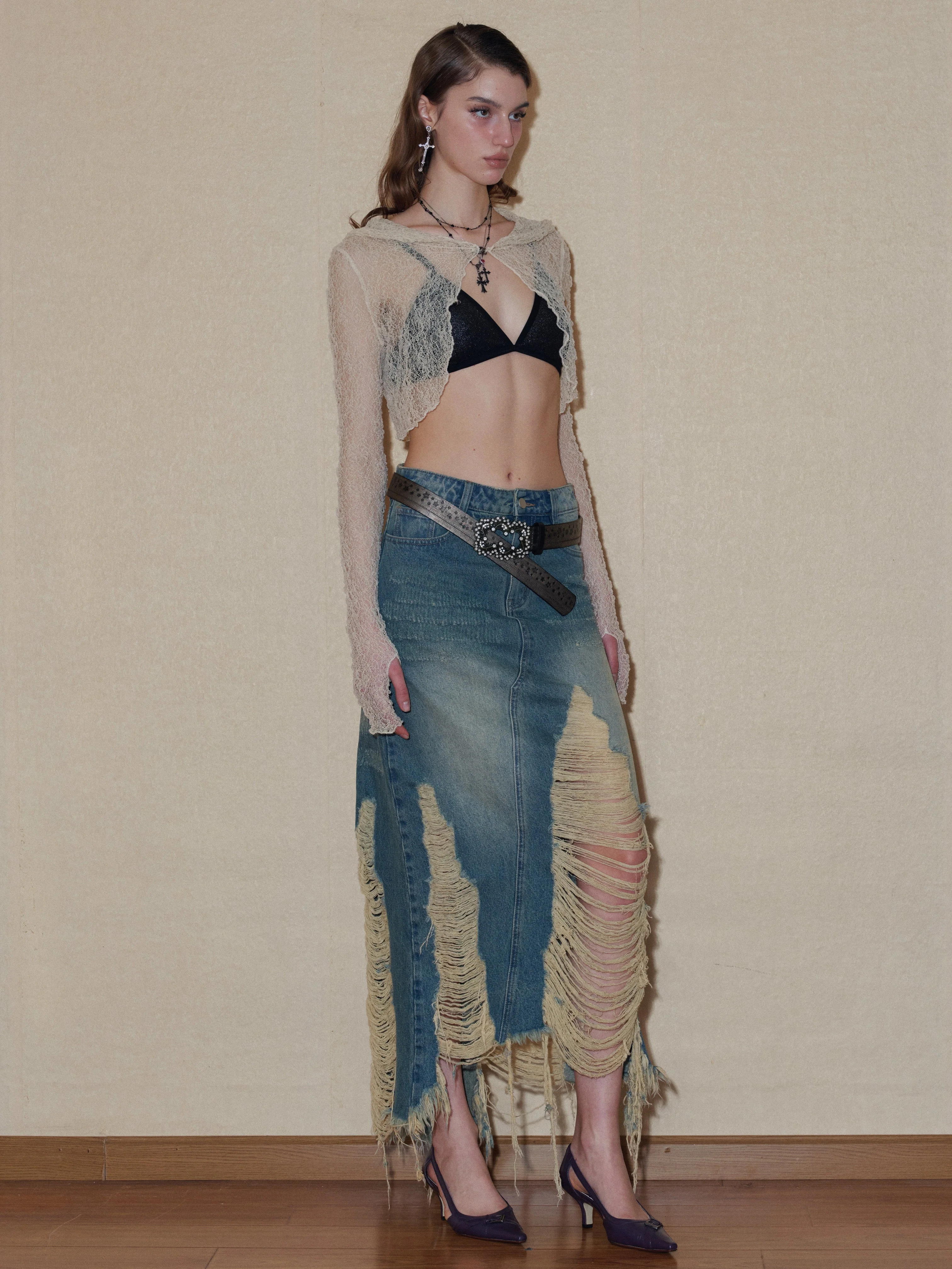 Ripped Denim Midi Skirt - Image 3