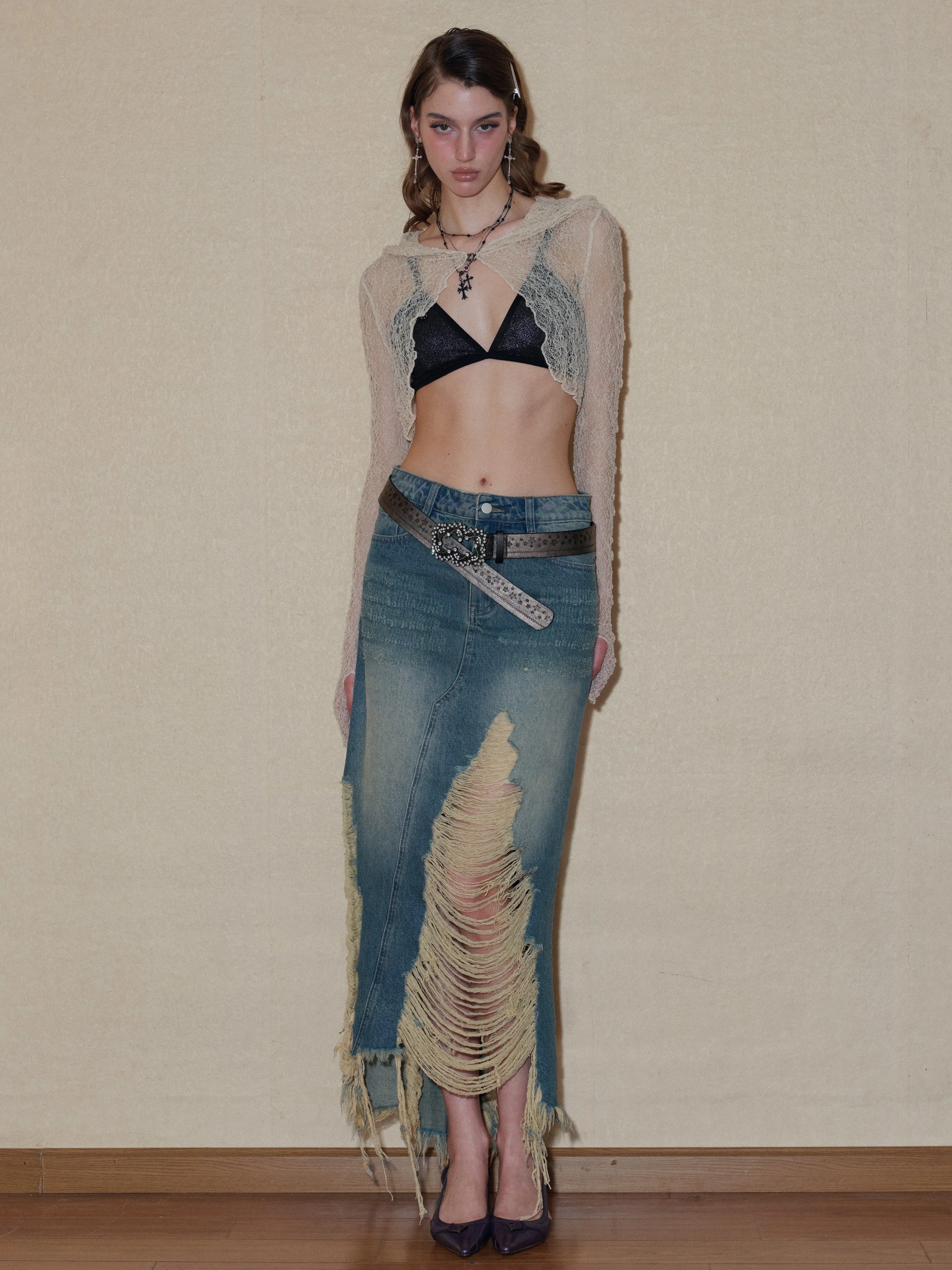 Ripped Denim Midi Skirt - Image 5