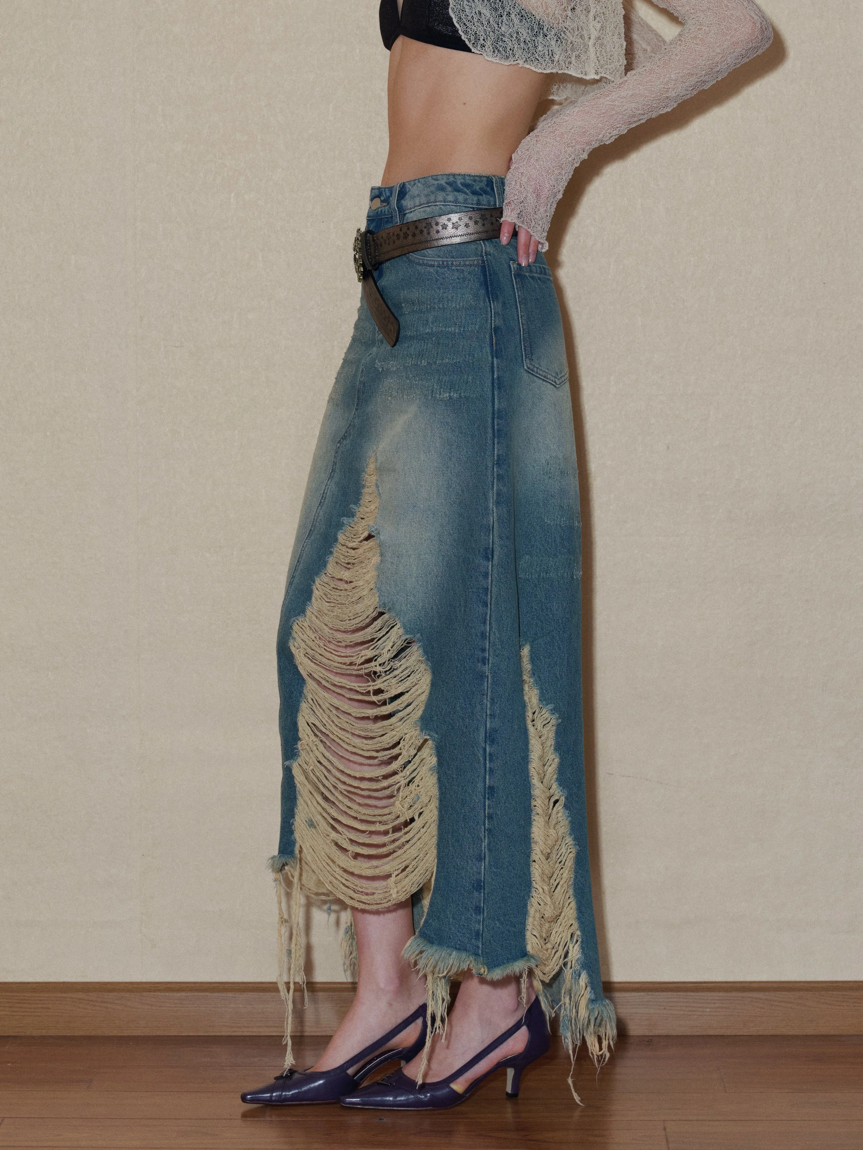 Ripped Denim Midi Skirt - Image 7
