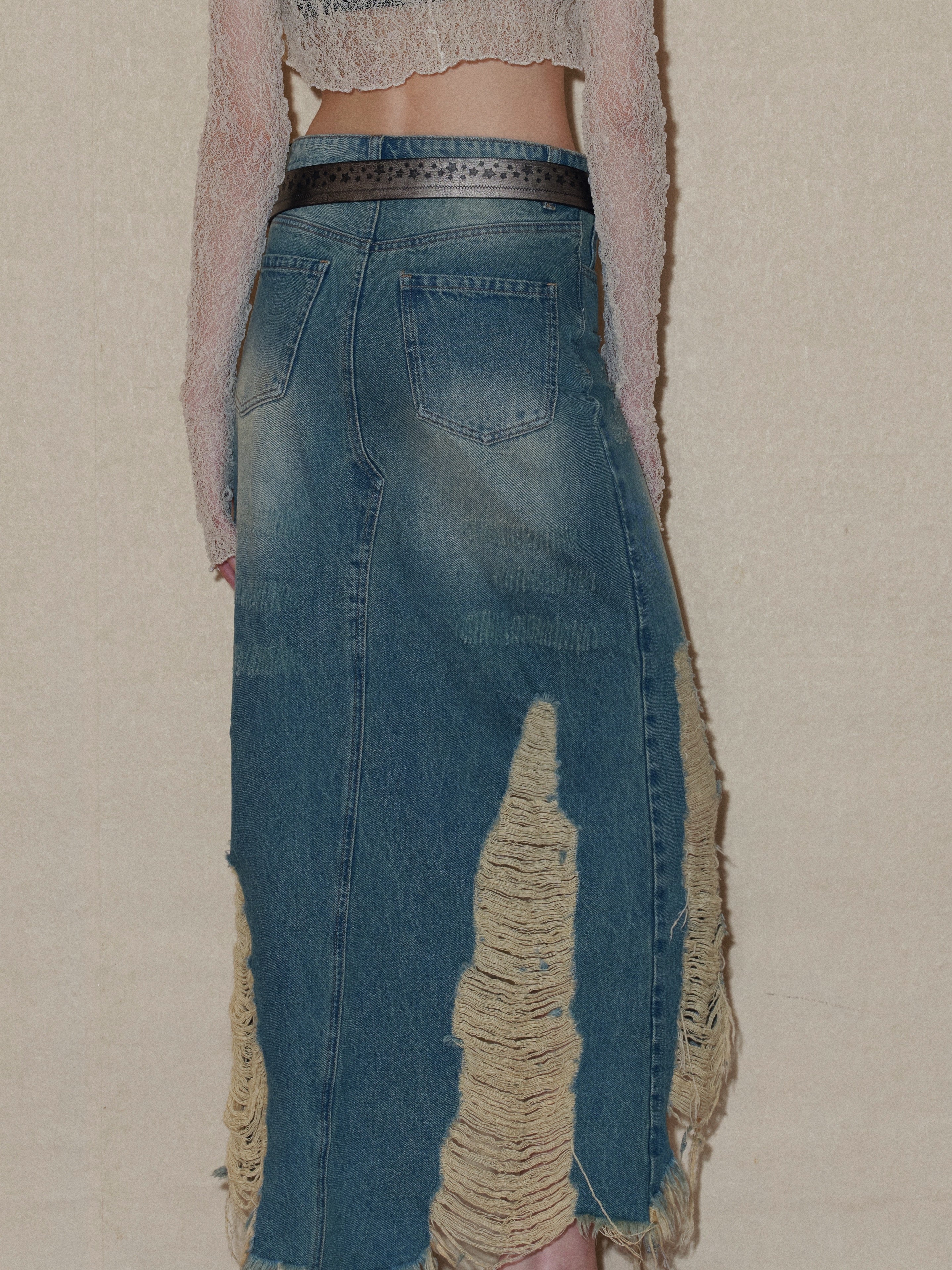 Ripped Denim Midi Skirt - Image 9