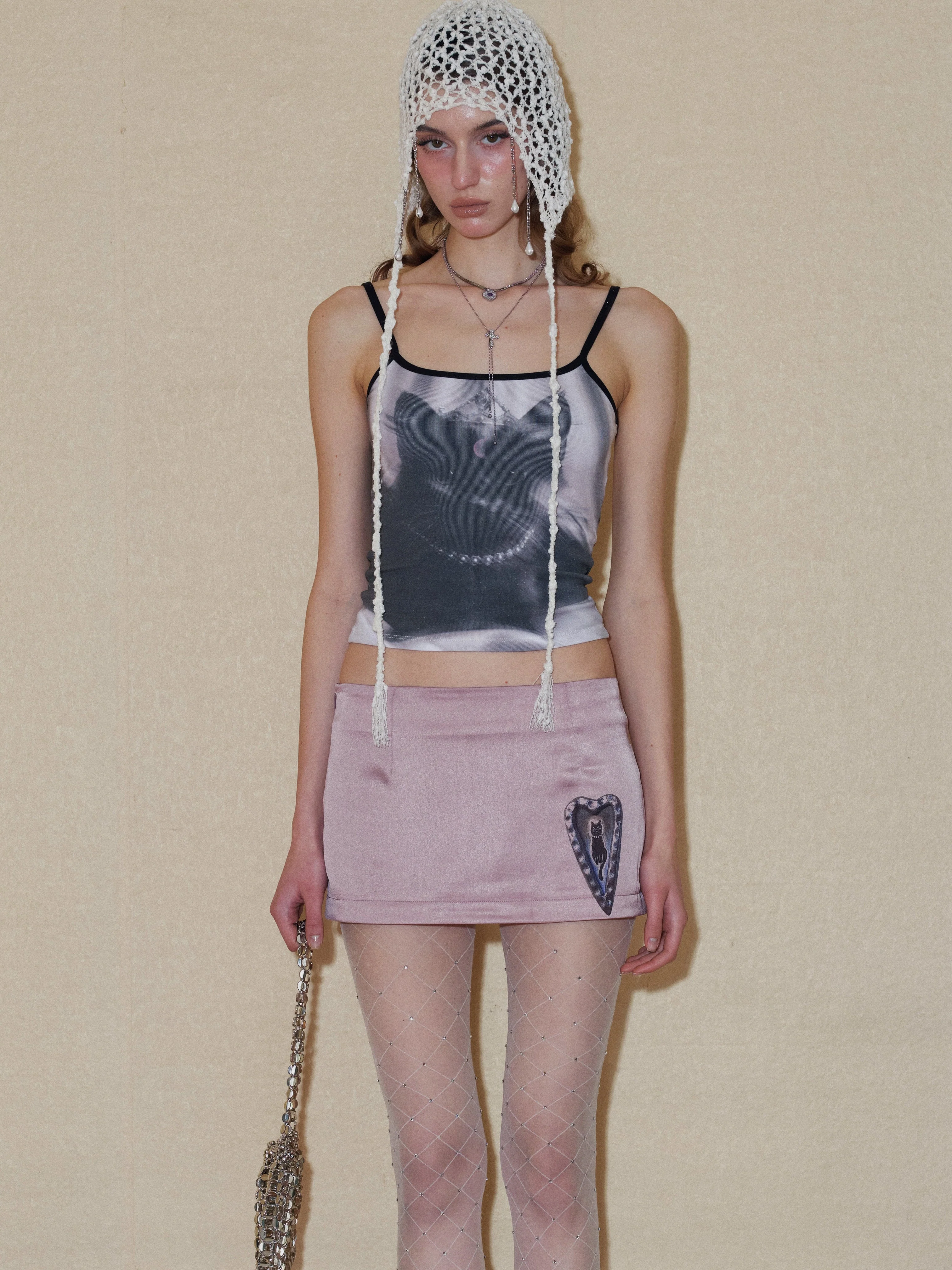 Satin Kitty Pattern Mini Skirt - Image 18