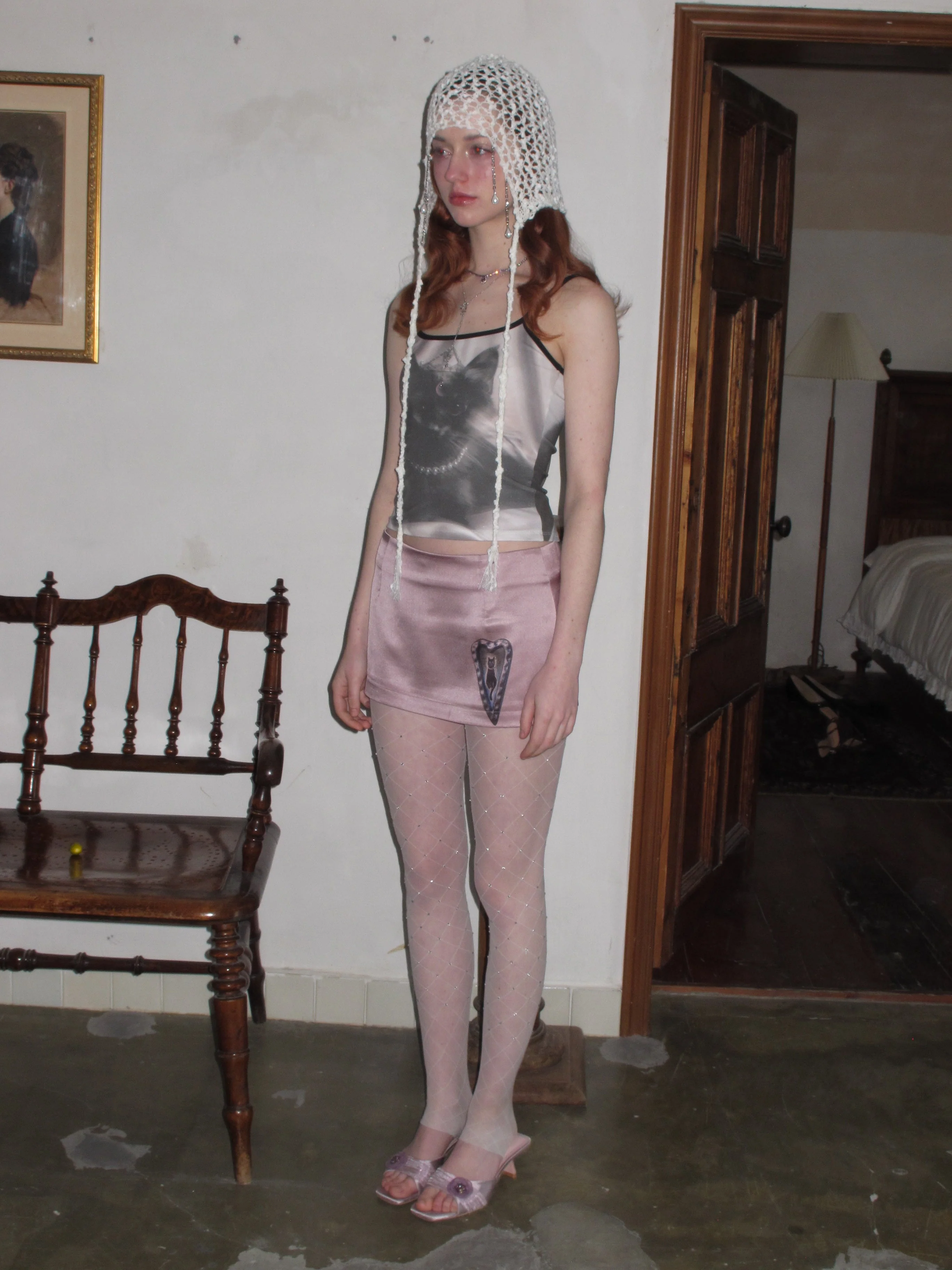 Satin Kitty Pattern Mini Skirt - Image 4