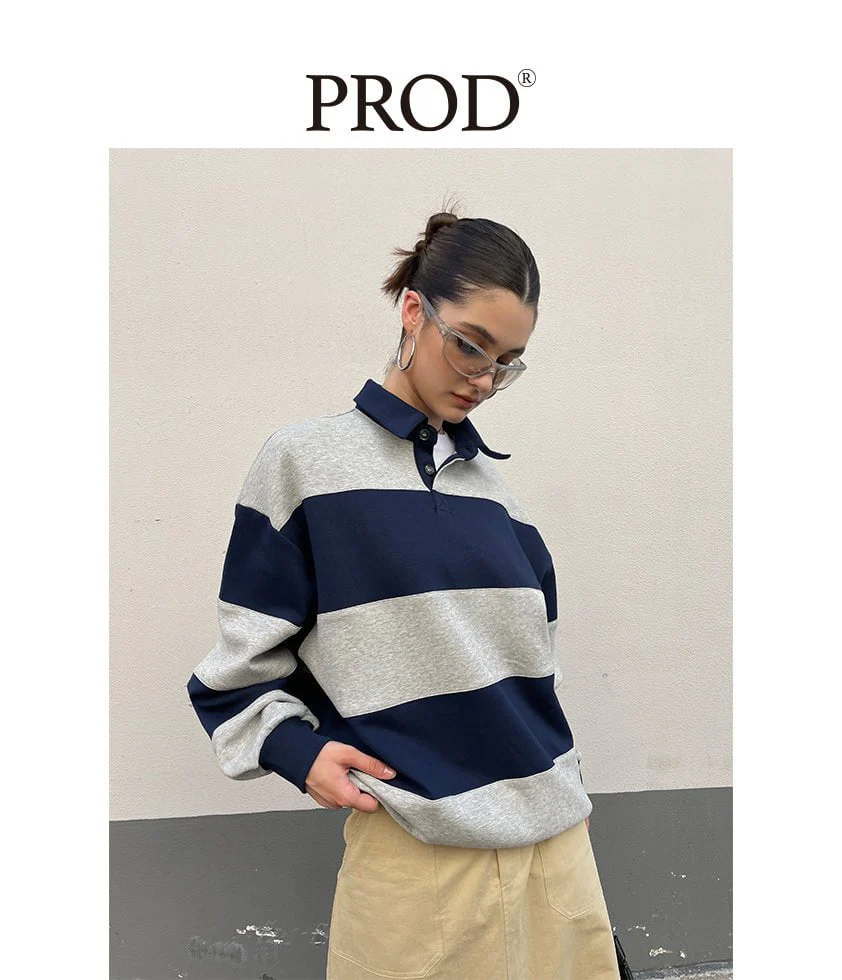 Loose Fit Striped Polo Sweatshirt / Gray Blue - Image 6