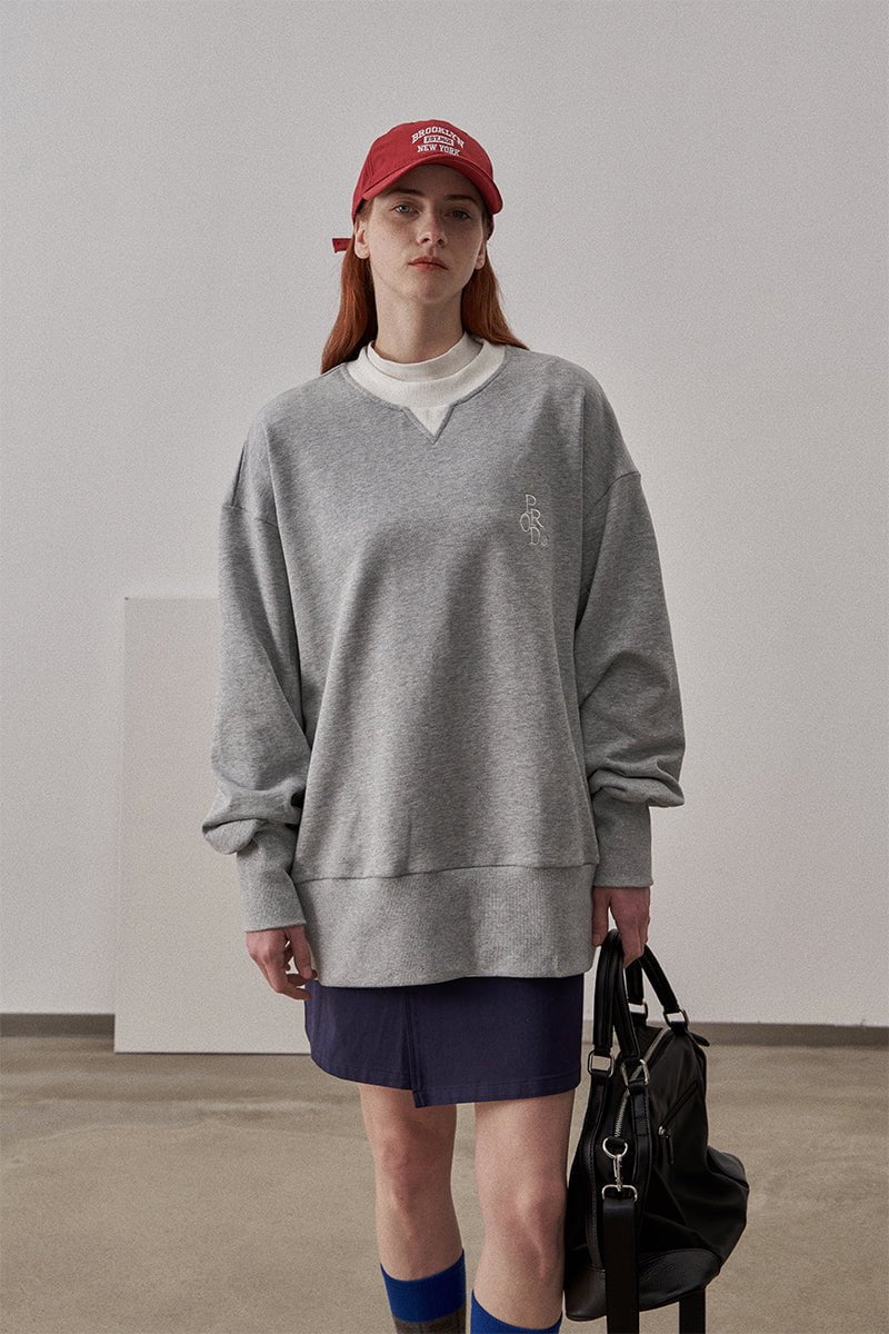 Loose Fit Ribbed Crewneck Sweatshirt with White Neckline / Melange Gray - Image 7