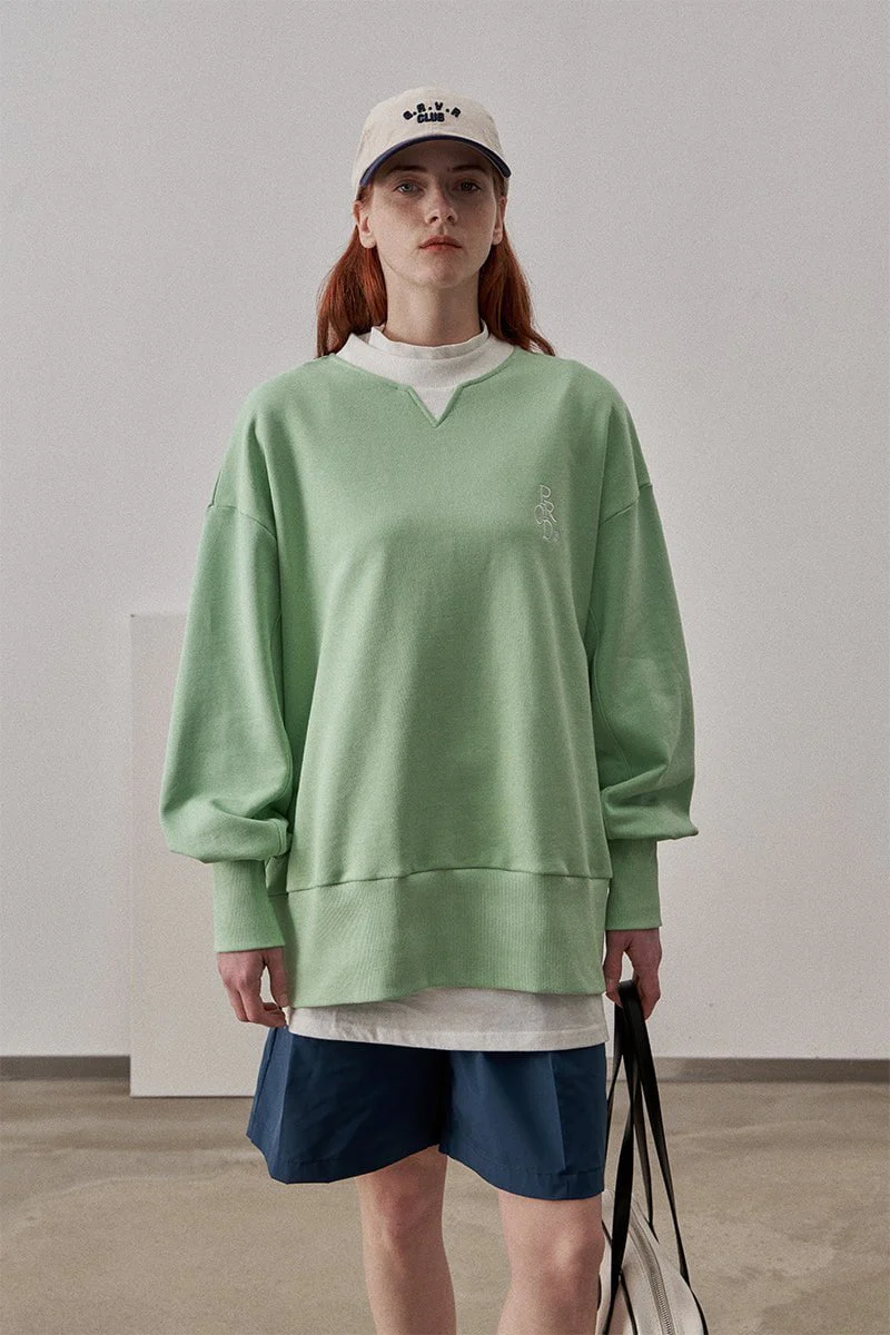 Loose Fit Ribbed Crewneck Sweatshirt with White Neckline / Honeydew Green - Image 3