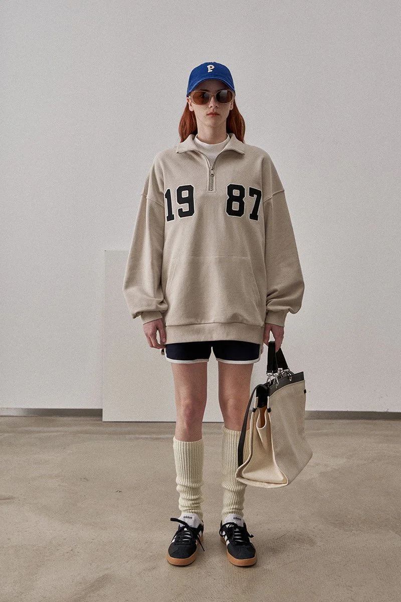 Loose Fit 1987 Quarter Zip Sweatshirt / Beige - Image 4