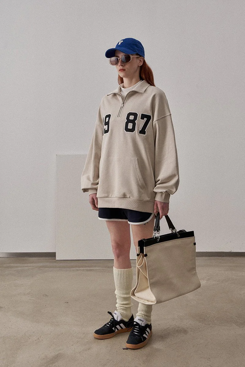 Loose Fit 1987 Quarter Zip Sweatshirt / Beige - Image 5